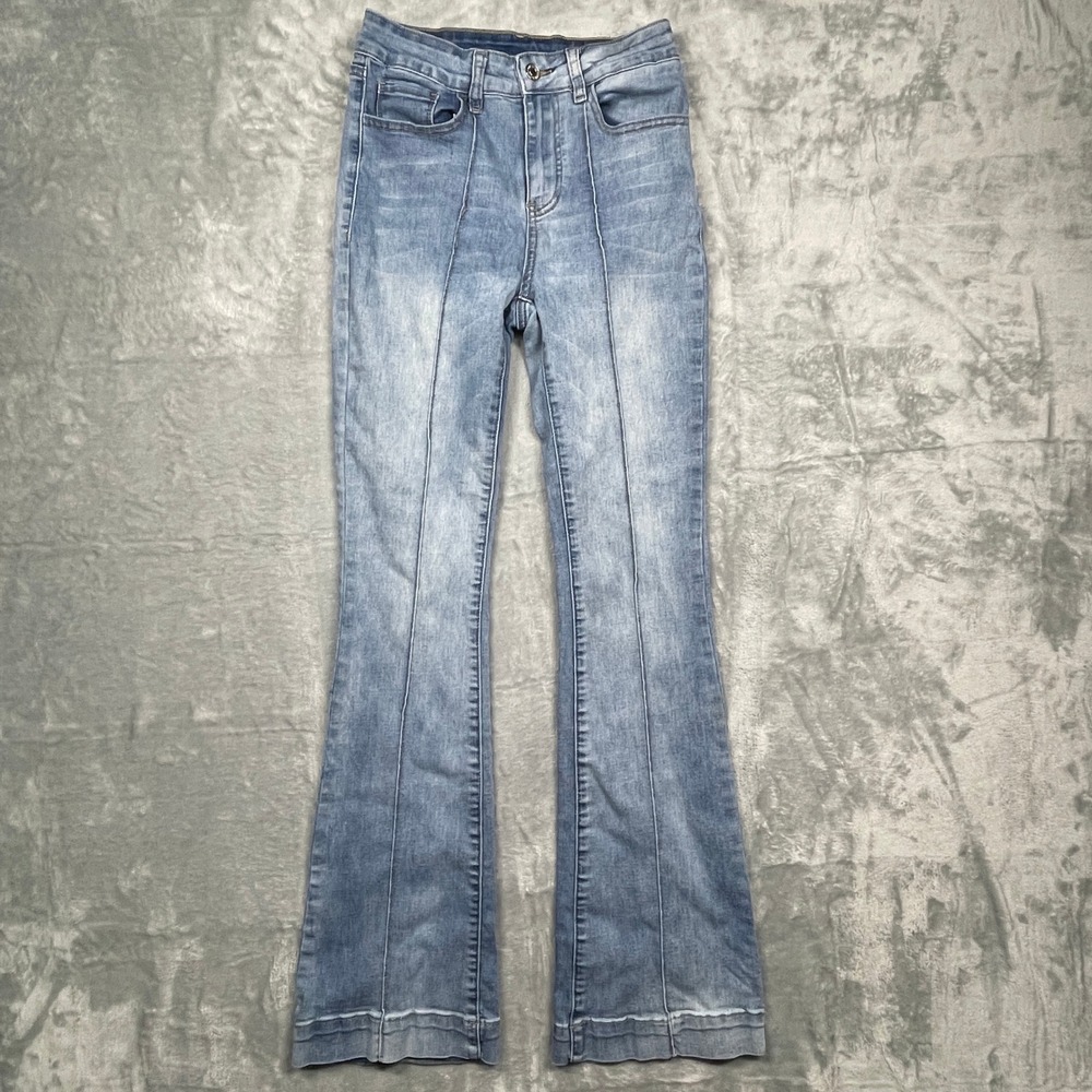 SHEIN Flare Jeans Womens Size 2 XS Light Blue High Rise Front Seam Stretch Denim